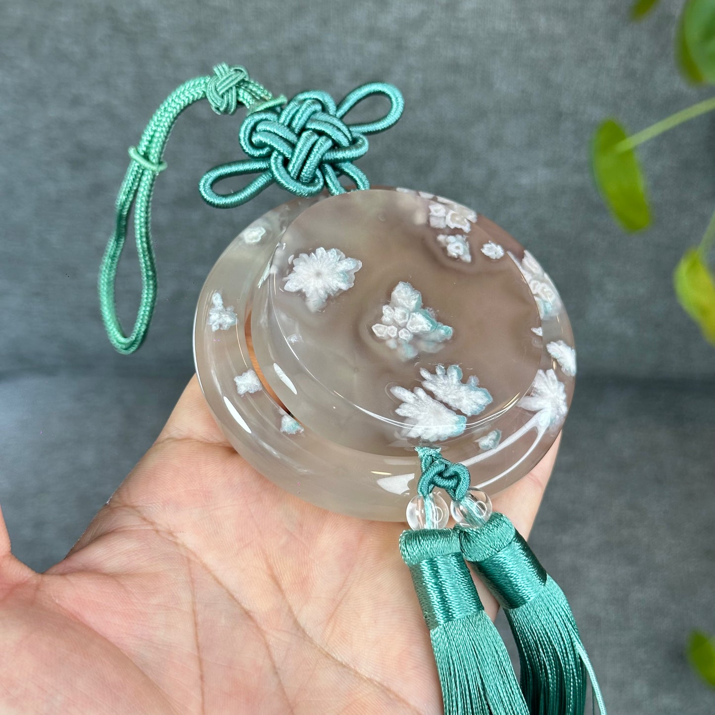 Natural Floral Agate Bangle Size 59.5 with Matching Red-Pink-Green Tassel