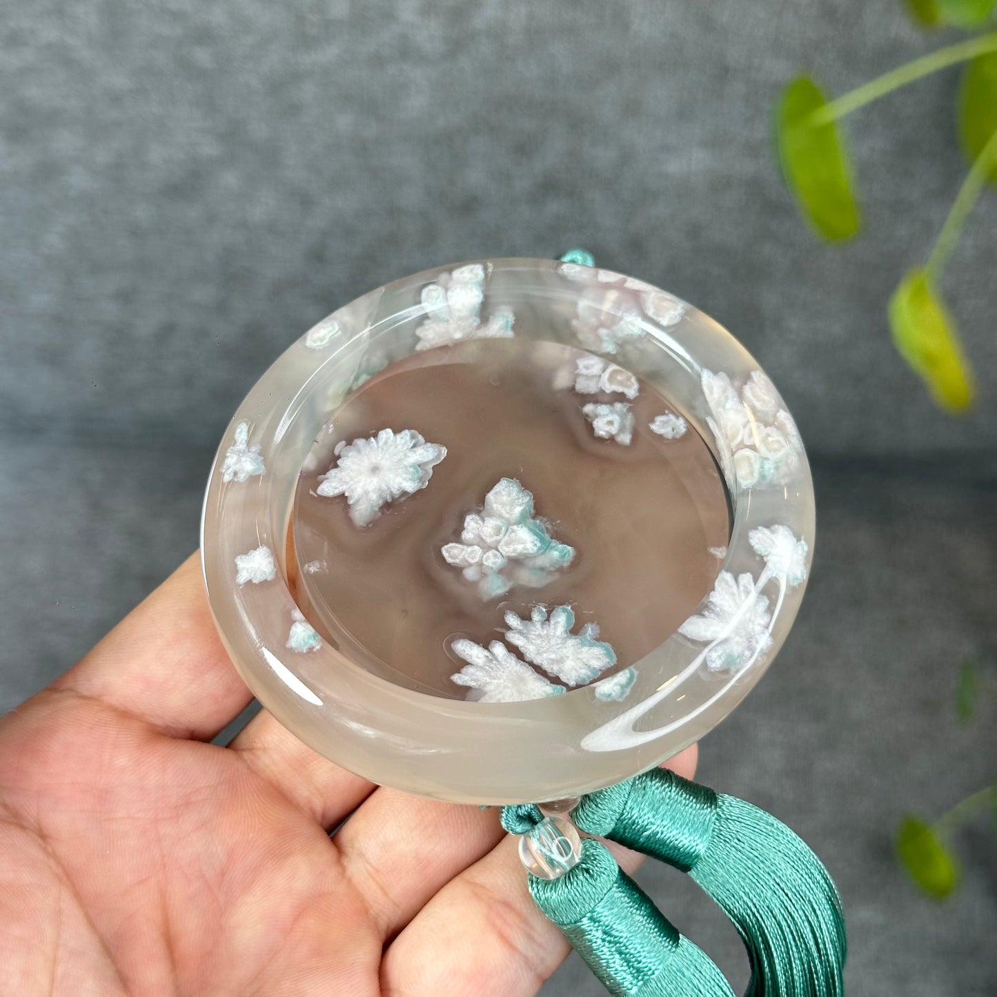 Natural Floral Agate Bangle Size 59.5 with Matching Red-Pink-Green Tassel
