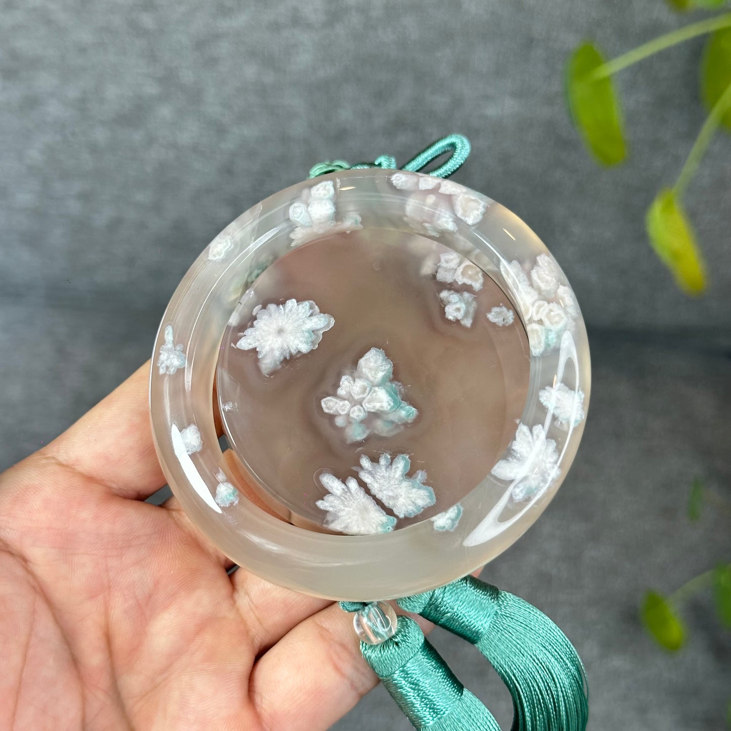 Natural Floral Agate Bangle Size 59.5 with Matching Red-Pink-Green Tassel