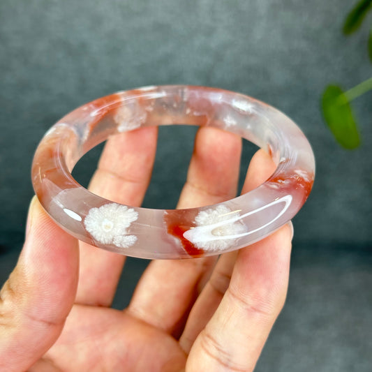 Natural Floral Agate Bangle Size 57 with Matching Red-Pink-Green Tassel