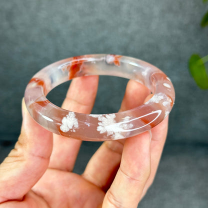 Natural Floral Agate Bangle Size 57 with Matching Red-Pink-Green Tassel