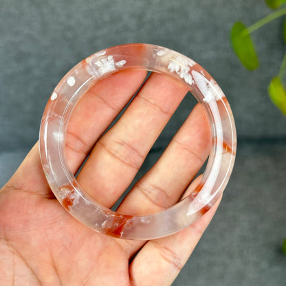 Natural Floral Agate Bangle Size 57 with Matching Red-Pink-Green Tassel