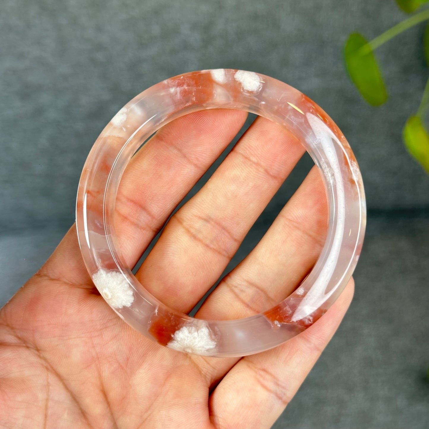 Natural Floral Agate Bangle Size 57 with Matching Red-Pink-Green Tassel