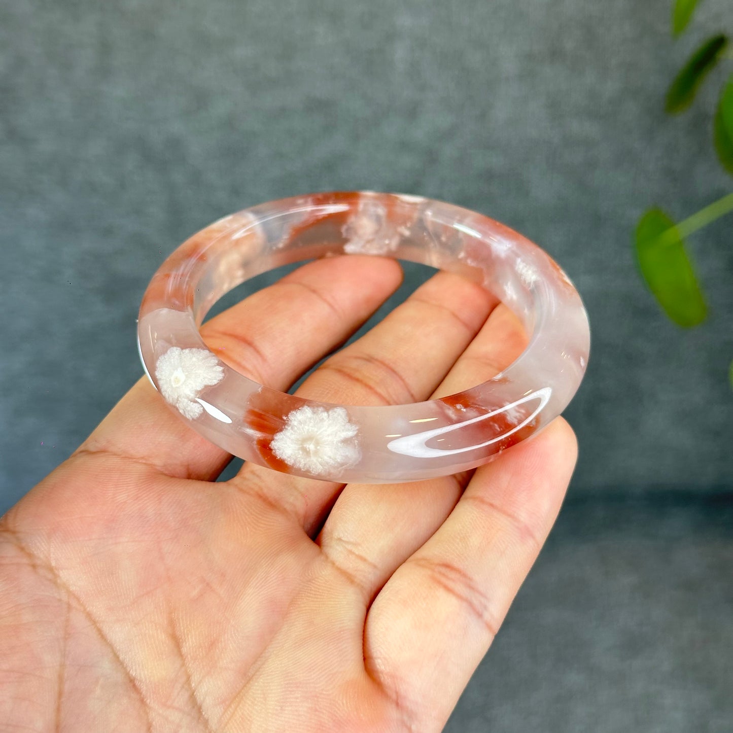 Natural Floral Agate Bangle Size 57 with Matching Red-Pink-Green Tassel