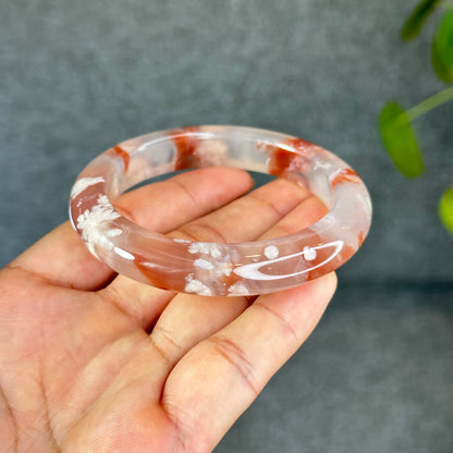 Natural Floral Agate Bangle Size 57 with Matching Red-Pink-Green Tassel