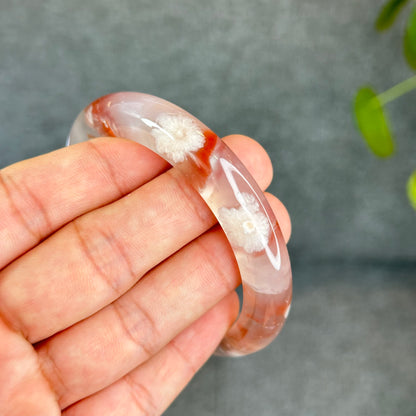 Natural Floral Agate Bangle Size 57 with Matching Red-Pink-Green Tassel