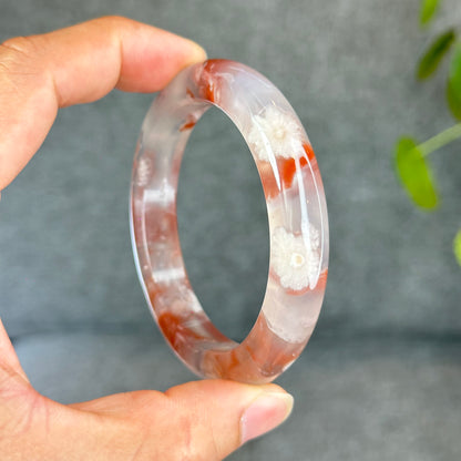 Natural Floral Agate Bangle Size 57 with Matching Red-Pink-Green Tassel