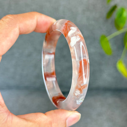 Natural Floral Agate Bangle Size 57 with Matching Red-Pink-Green Tassel