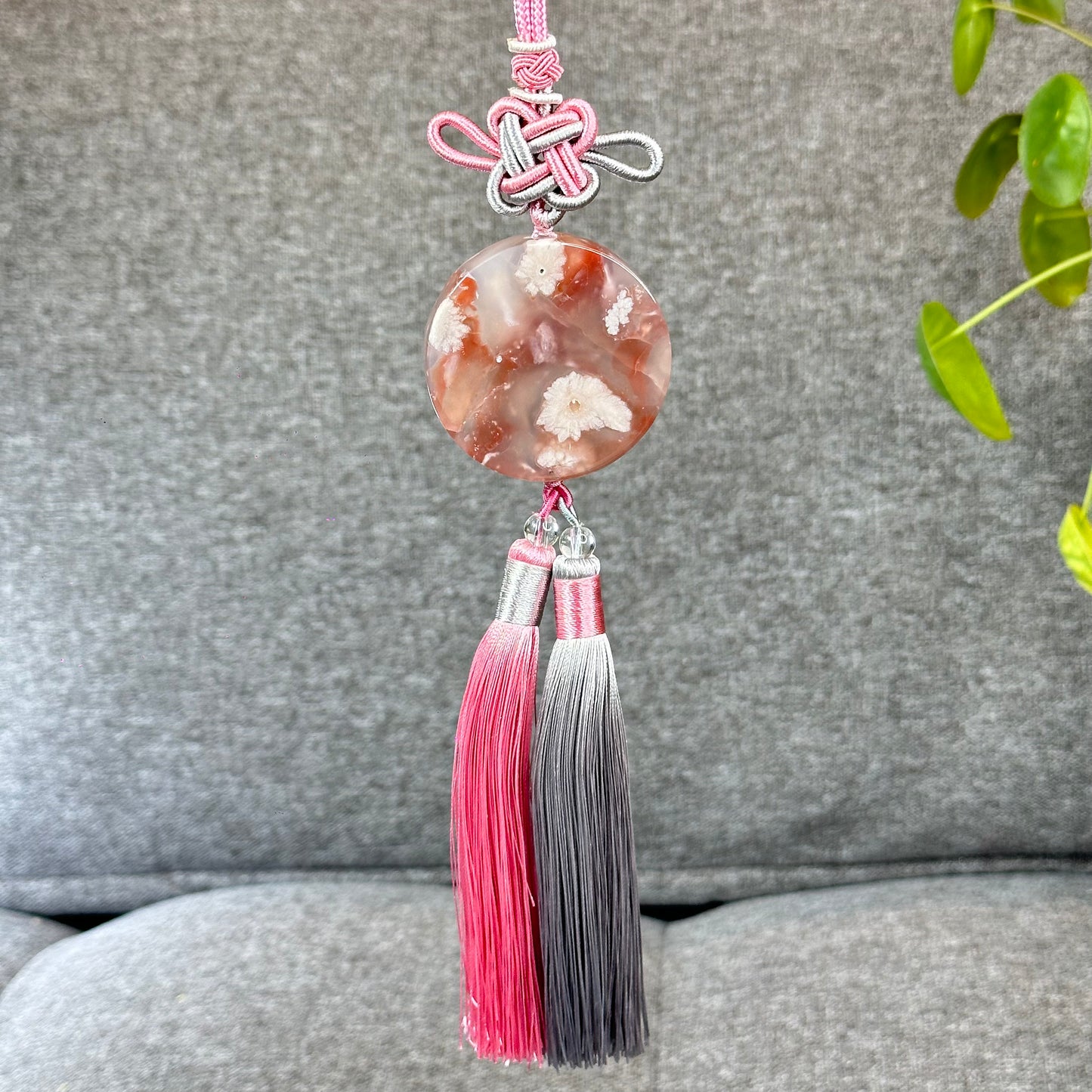 Natural Floral Agate Bangle Size 57 with Matching Red-Pink-Green Tassel