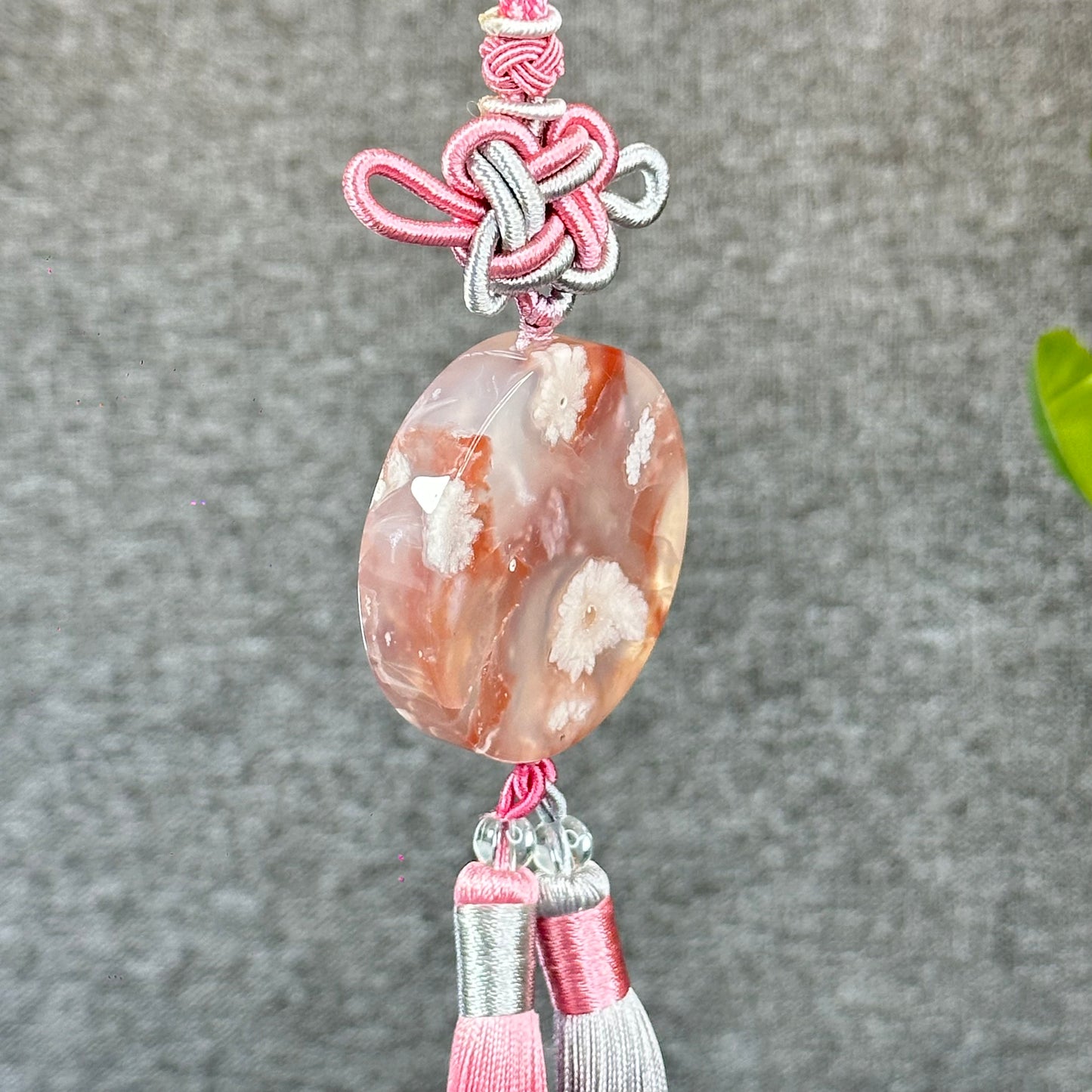 Natural Floral Agate Bangle Size 57 with Matching Red-Pink-Green Tassel
