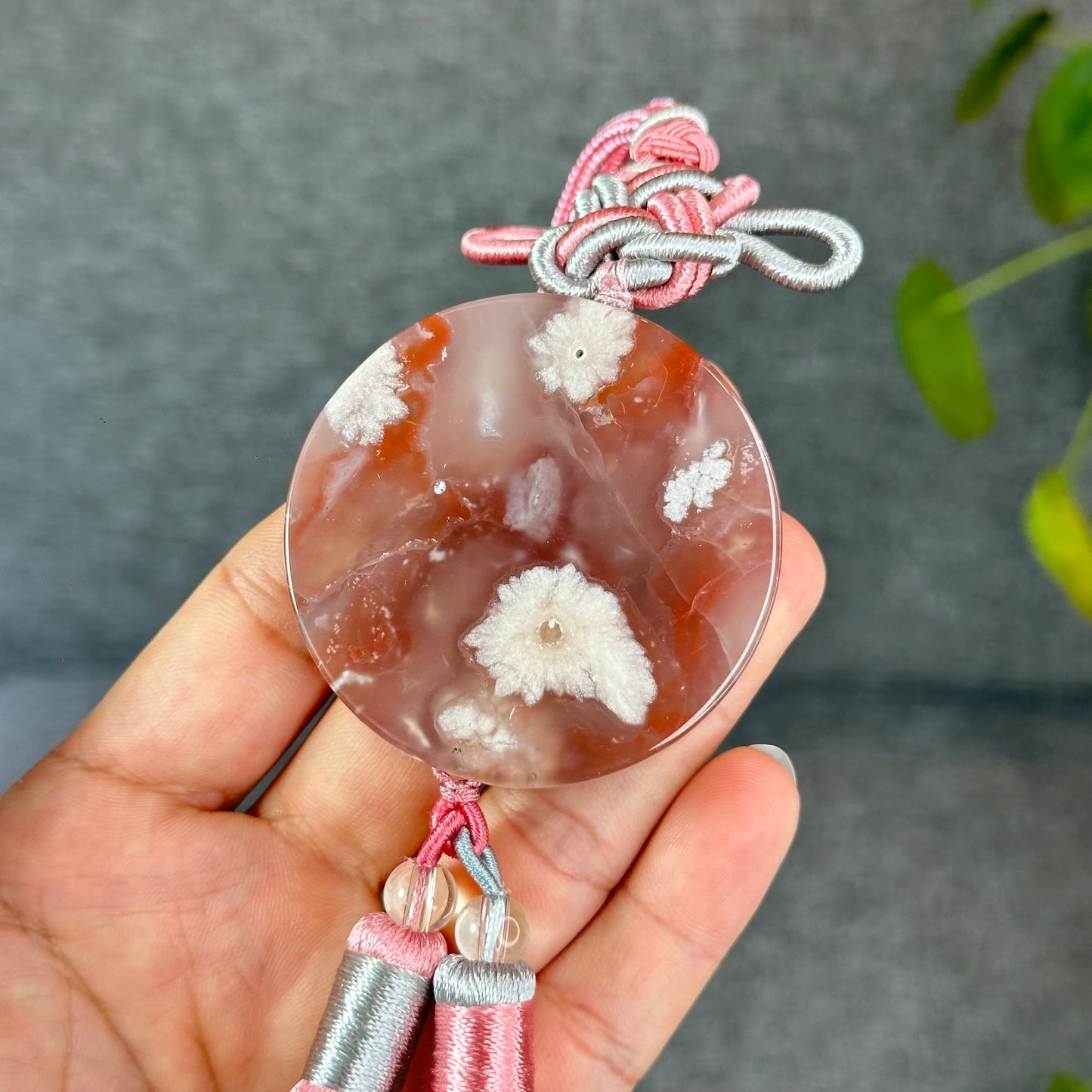 Natural Floral Agate Bangle Size 57 with Matching Red-Pink-Green Tassel