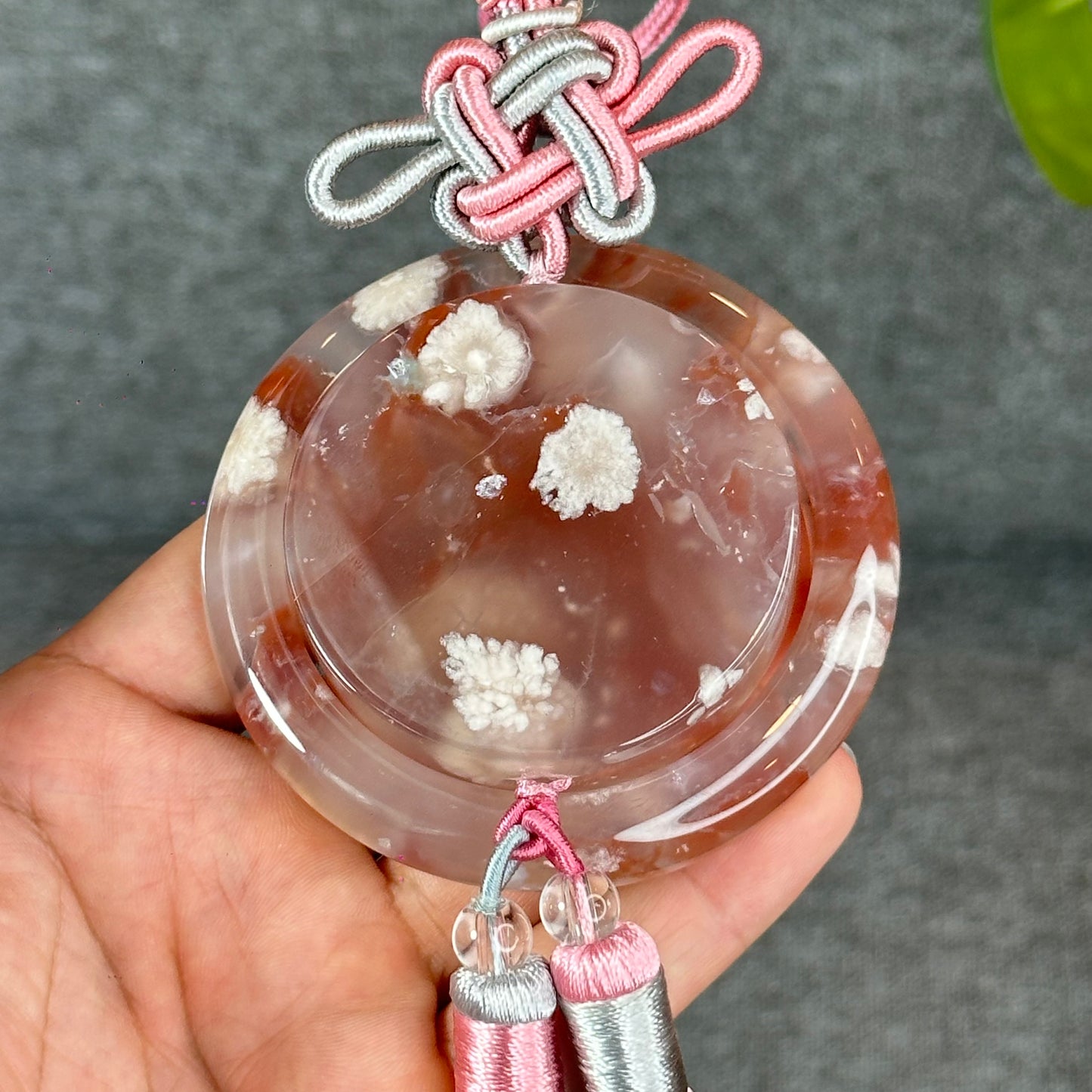 Natural Floral Agate Bangle Size 57 with Matching Red-Pink-Green Tassel
