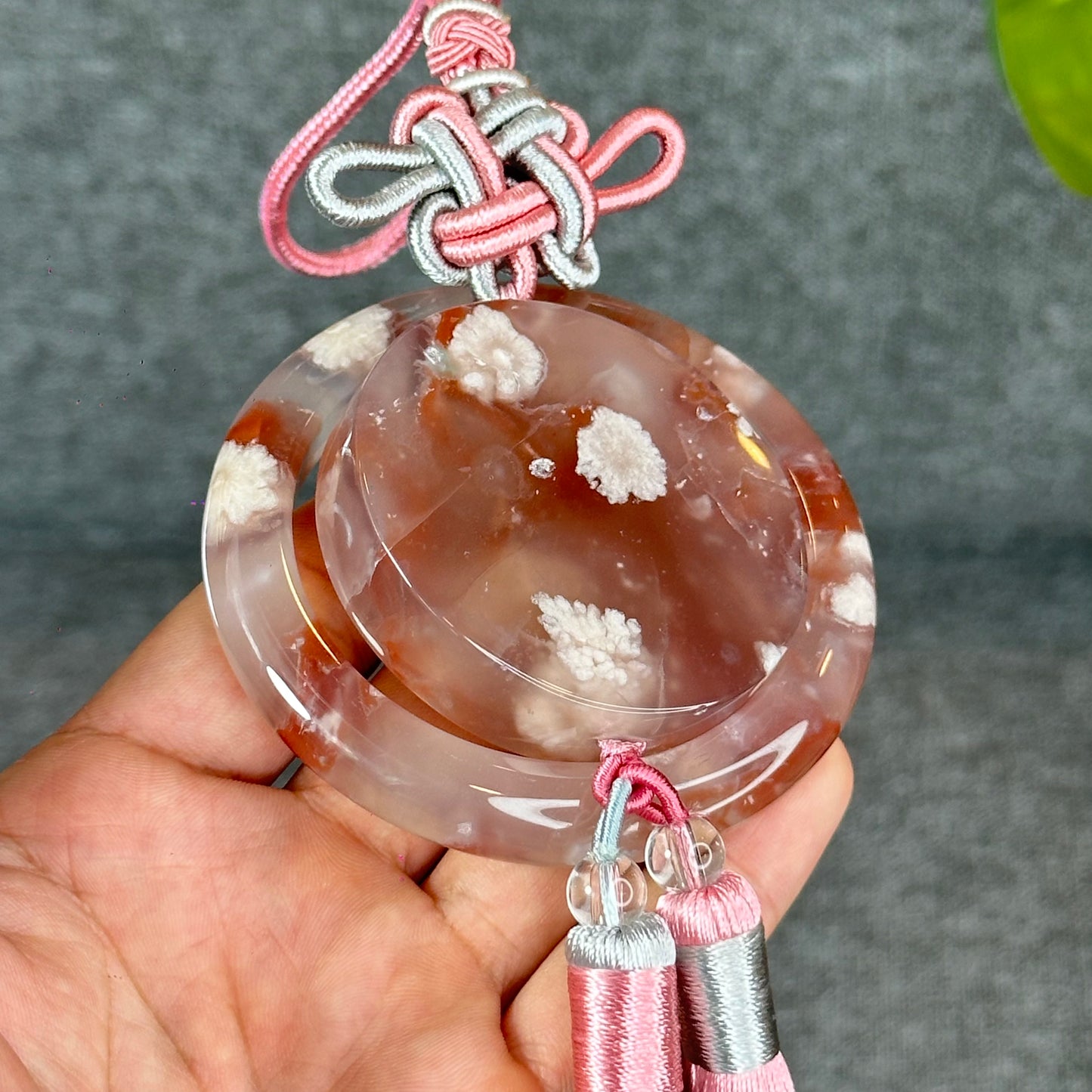 Natural Floral Agate Bangle Size 57 with Matching Red-Pink-Green Tassel