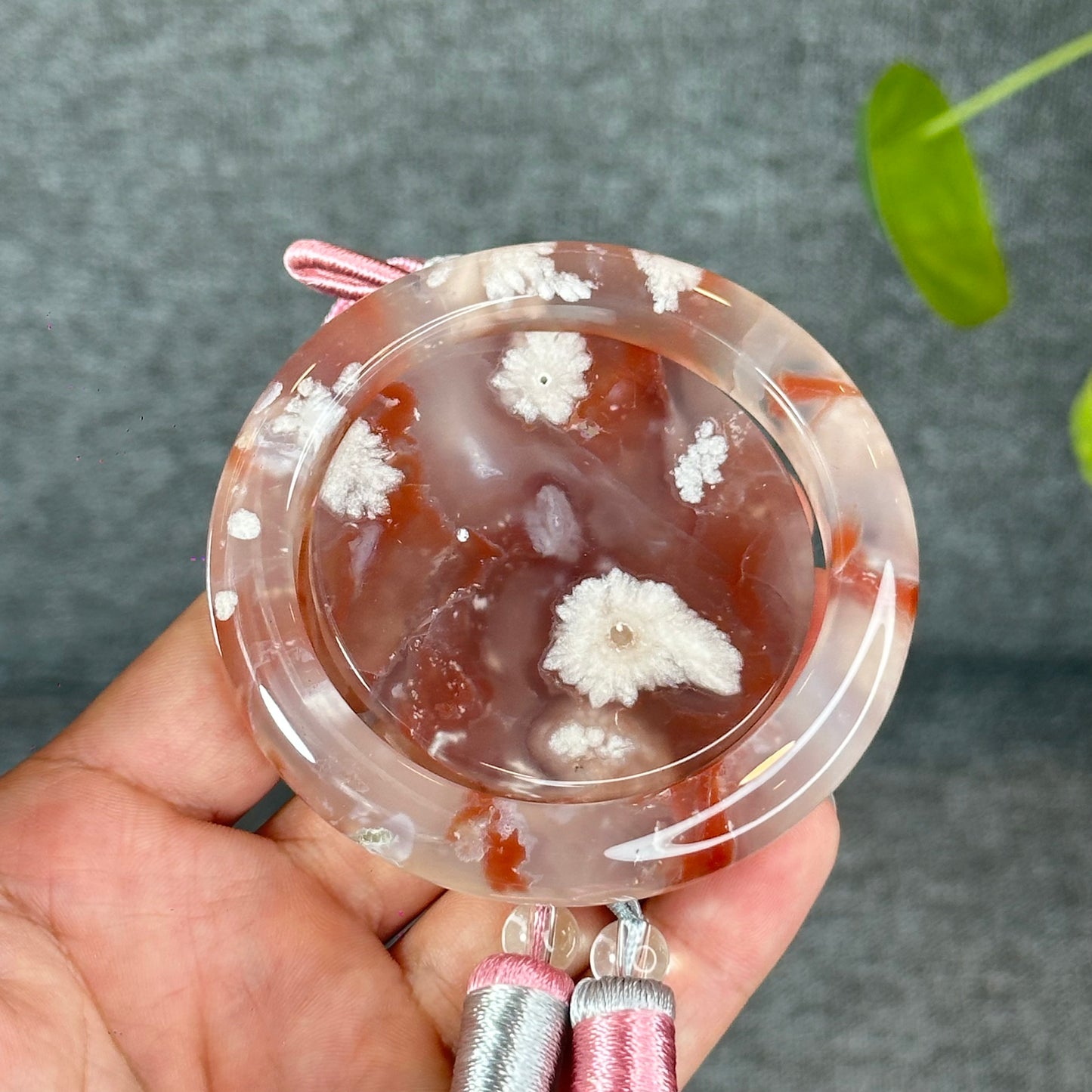 Natural Floral Agate Bangle Size 57 with Matching Red-Pink-Green Tassel