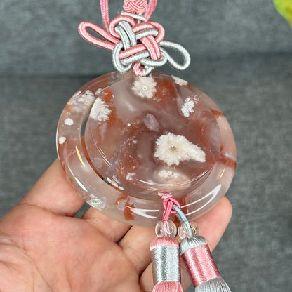 Natural Floral Agate Bangle Size 57 with Matching Red-Pink-Green Tassel