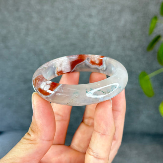 Natural Floral Agate Bangle Size 52 with Matching Red-Pink-Green Tassel