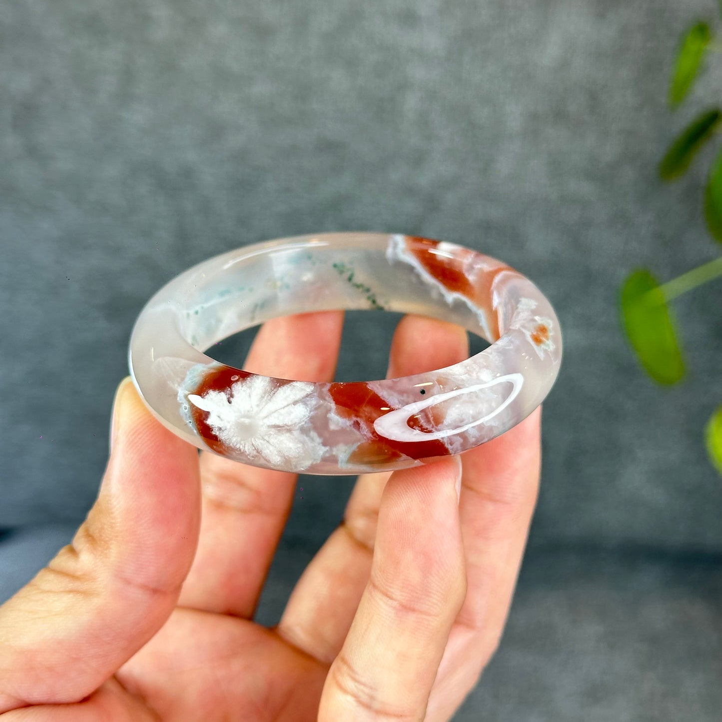 Natural Floral Agate Bangle Size 52 with Matching Red-Pink-Green Tassel