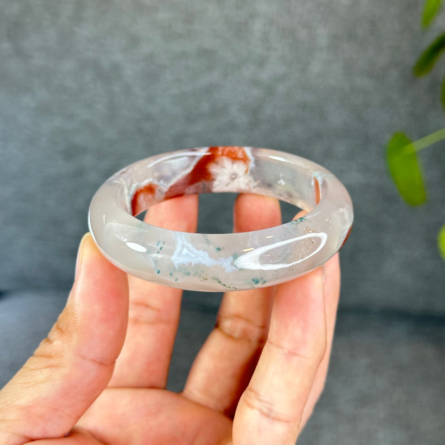 Natural Floral Agate Bangle Size 52 with Matching Red-Pink-Green Tassel