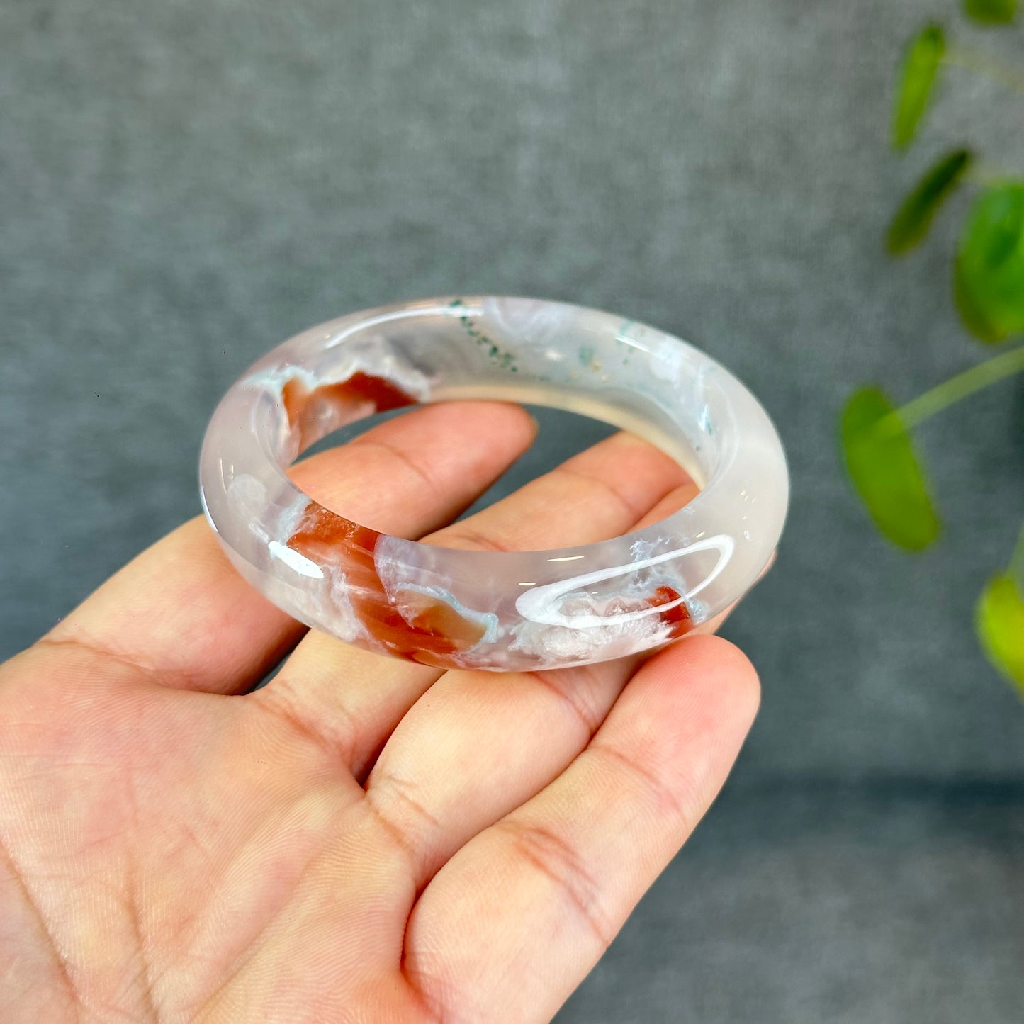 Natural Floral Agate Bangle Size 52 with Matching Red-Pink-Green Tassel