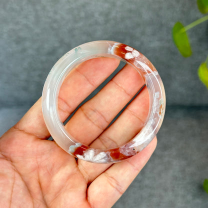 Natural Floral Agate Bangle Size 52 with Matching Red-Pink-Green Tassel