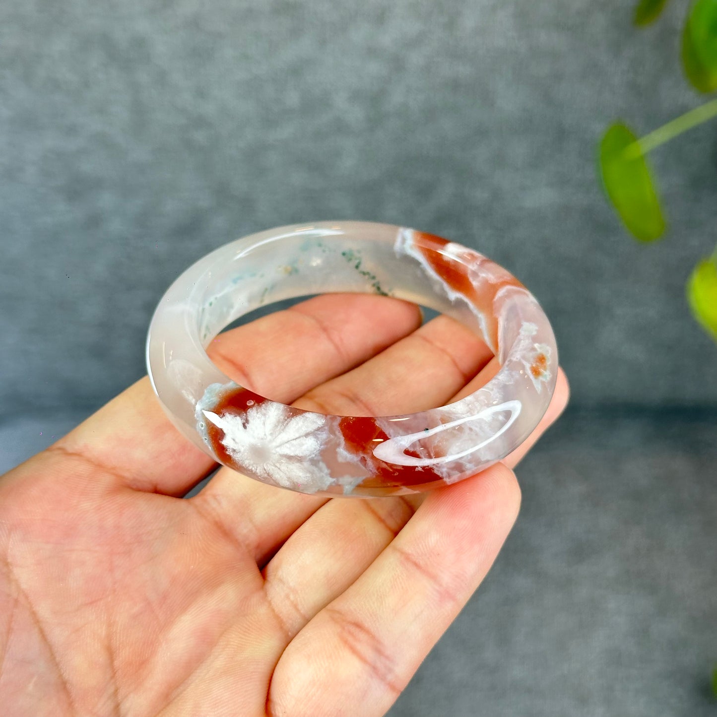 Natural Floral Agate Bangle Size 52 with Matching Red-Pink-Green Tassel