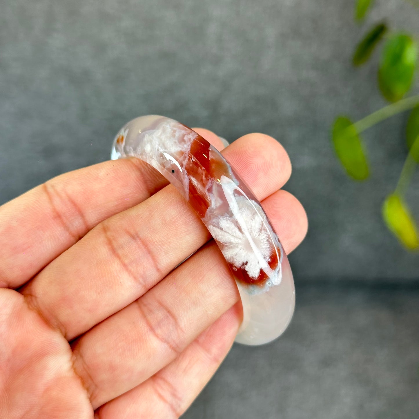 Natural Floral Agate Bangle Size 52 with Matching Red-Pink-Green Tassel