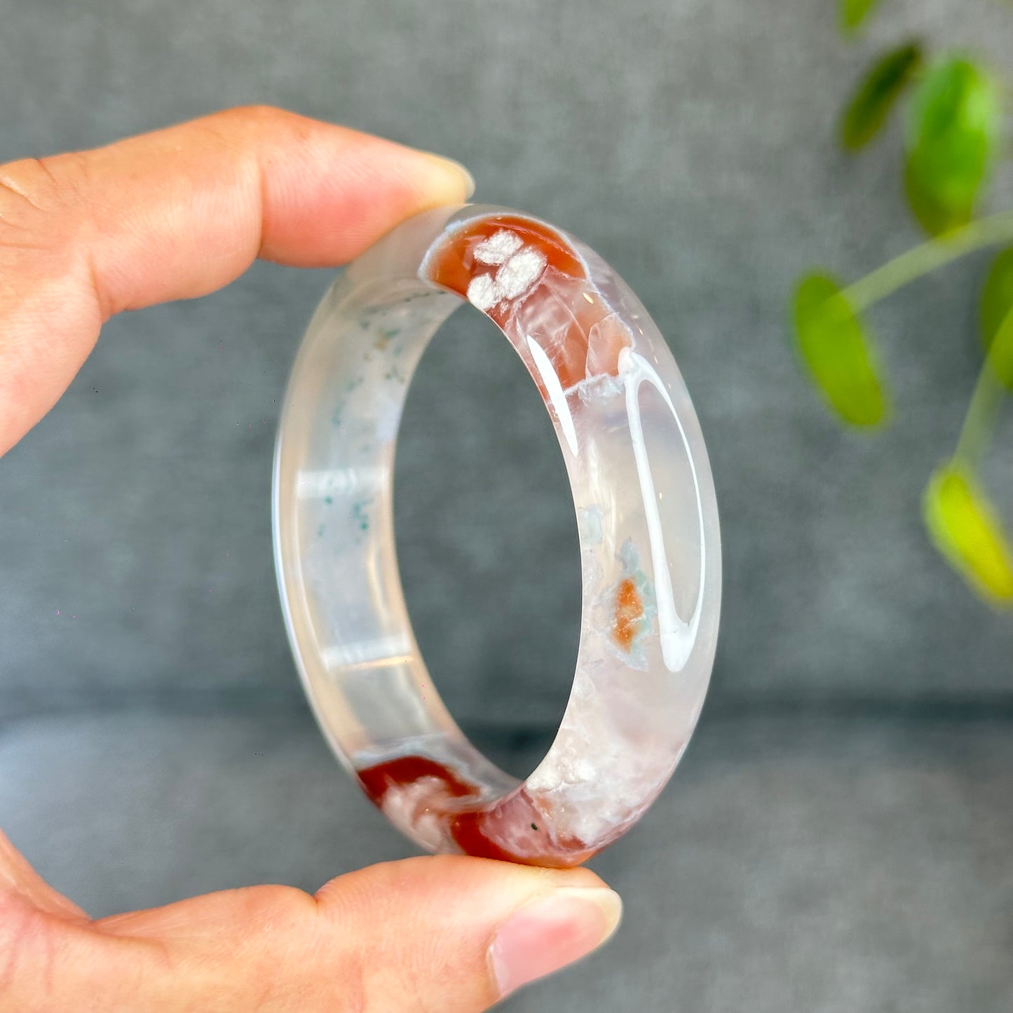 Natural Floral Agate Bangle Size 52 with Matching Red-Pink-Green Tassel