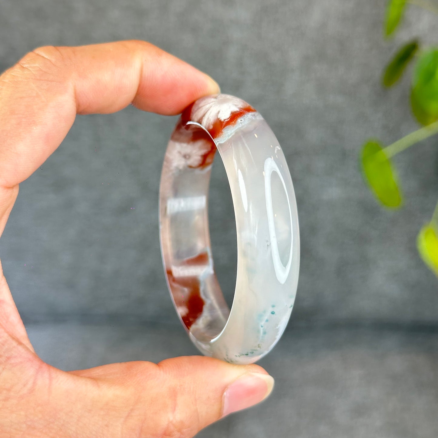 Natural Floral Agate Bangle Size 52 with Matching Red-Pink-Green Tassel