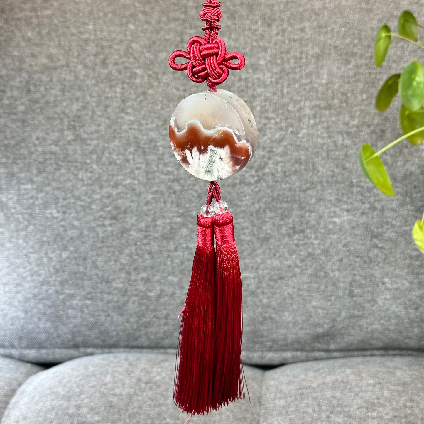 Natural Floral Agate Bangle Size 52 with Matching Red-Pink-Green Tassel