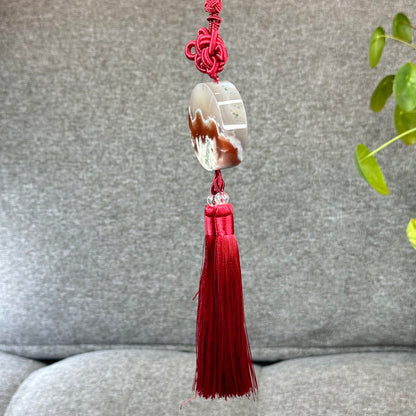 Natural Floral Agate Bangle Size 52 with Matching Red-Pink-Green Tassel