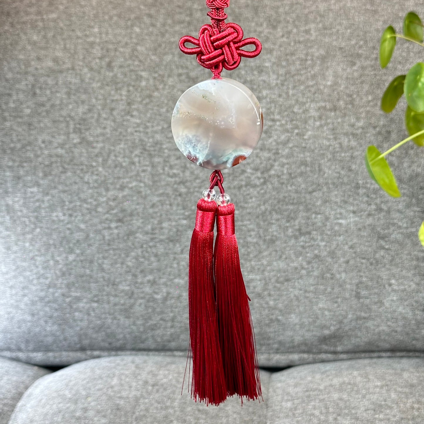 Natural Floral Agate Bangle Size 52 with Matching Red-Pink-Green Tassel