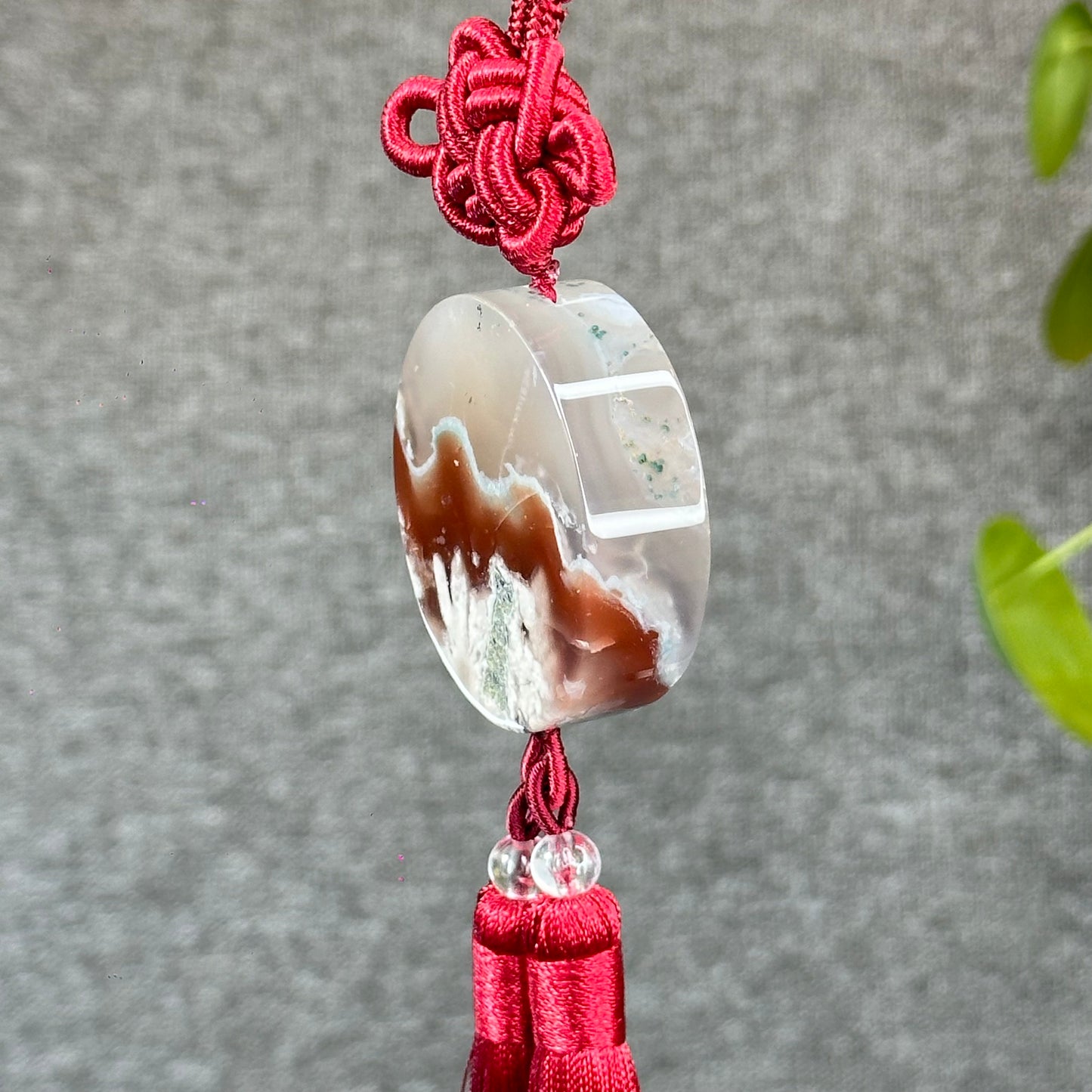 Natural Floral Agate Bangle Size 52 with Matching Red-Pink-Green Tassel