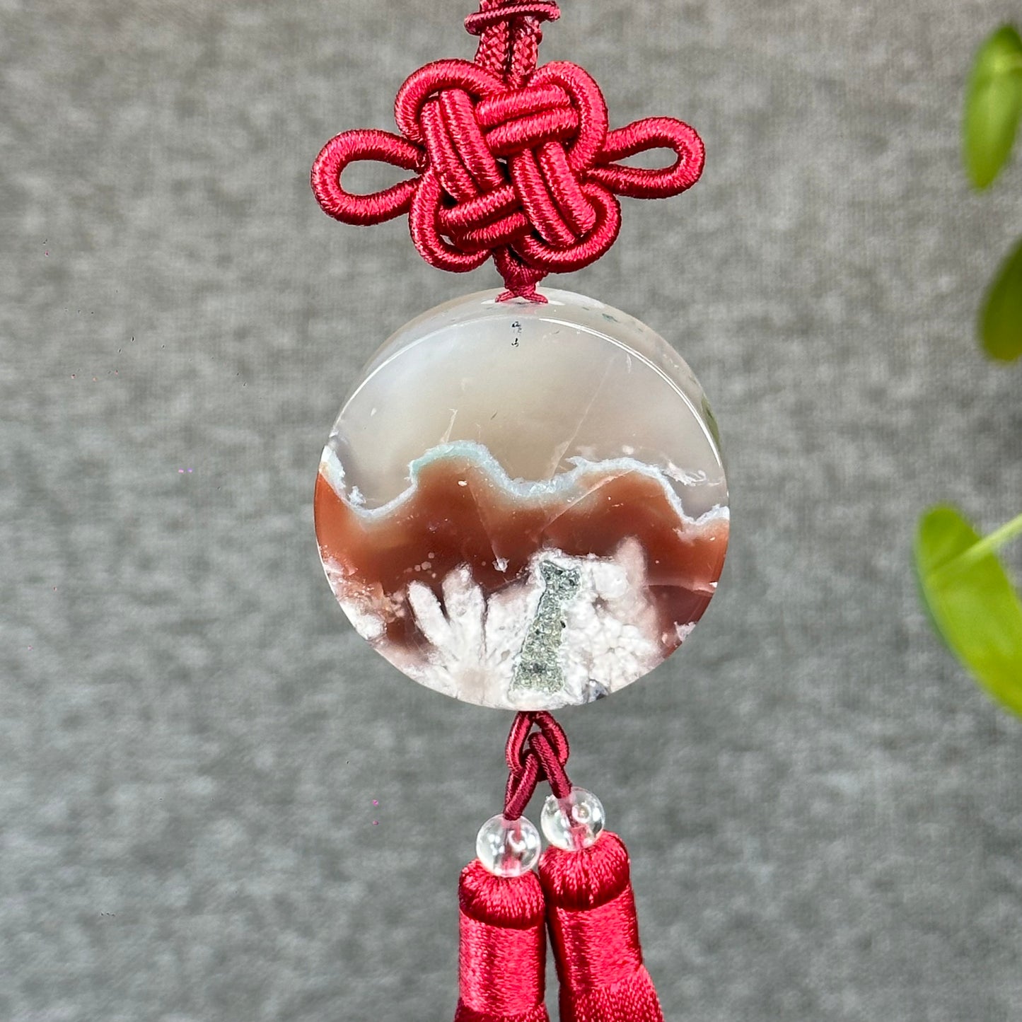 Natural Floral Agate Bangle Size 52 with Matching Red-Pink-Green Tassel