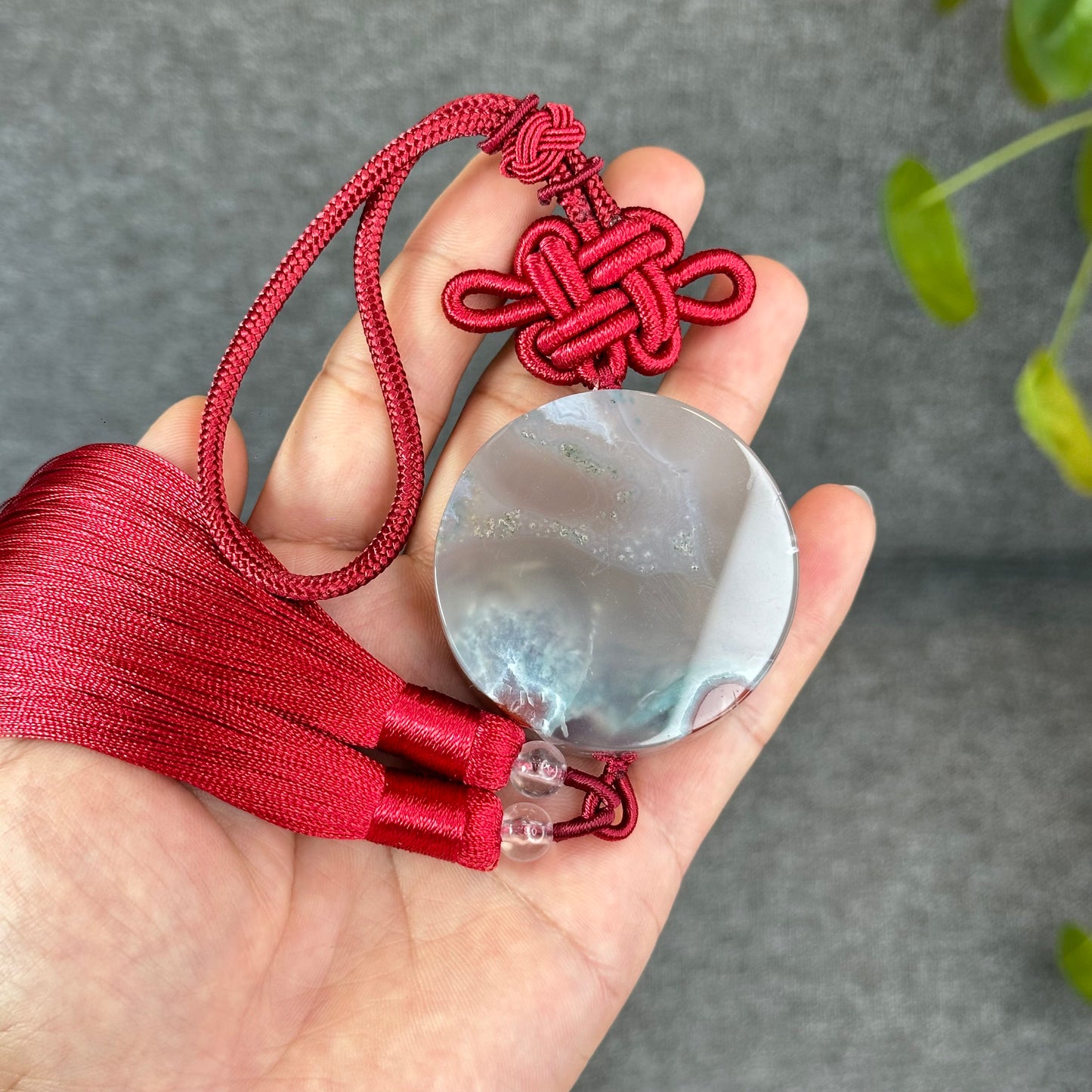 Natural Floral Agate Bangle Size 52 with Matching Red-Pink-Green Tassel