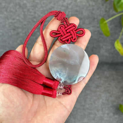 Natural Floral Agate Bangle Size 52 with Matching Red-Pink-Green Tassel