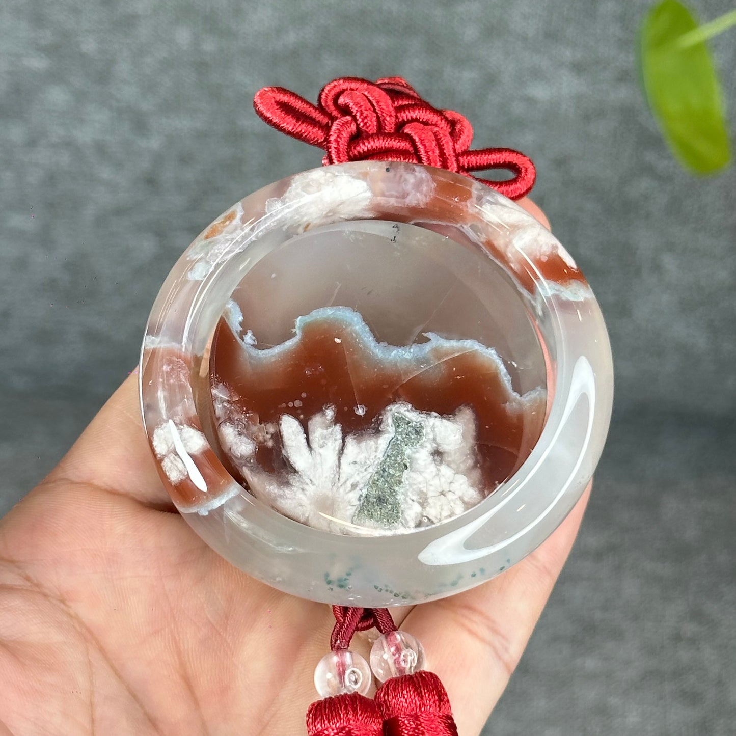 Natural Floral Agate Bangle Size 52 with Matching Red-Pink-Green Tassel