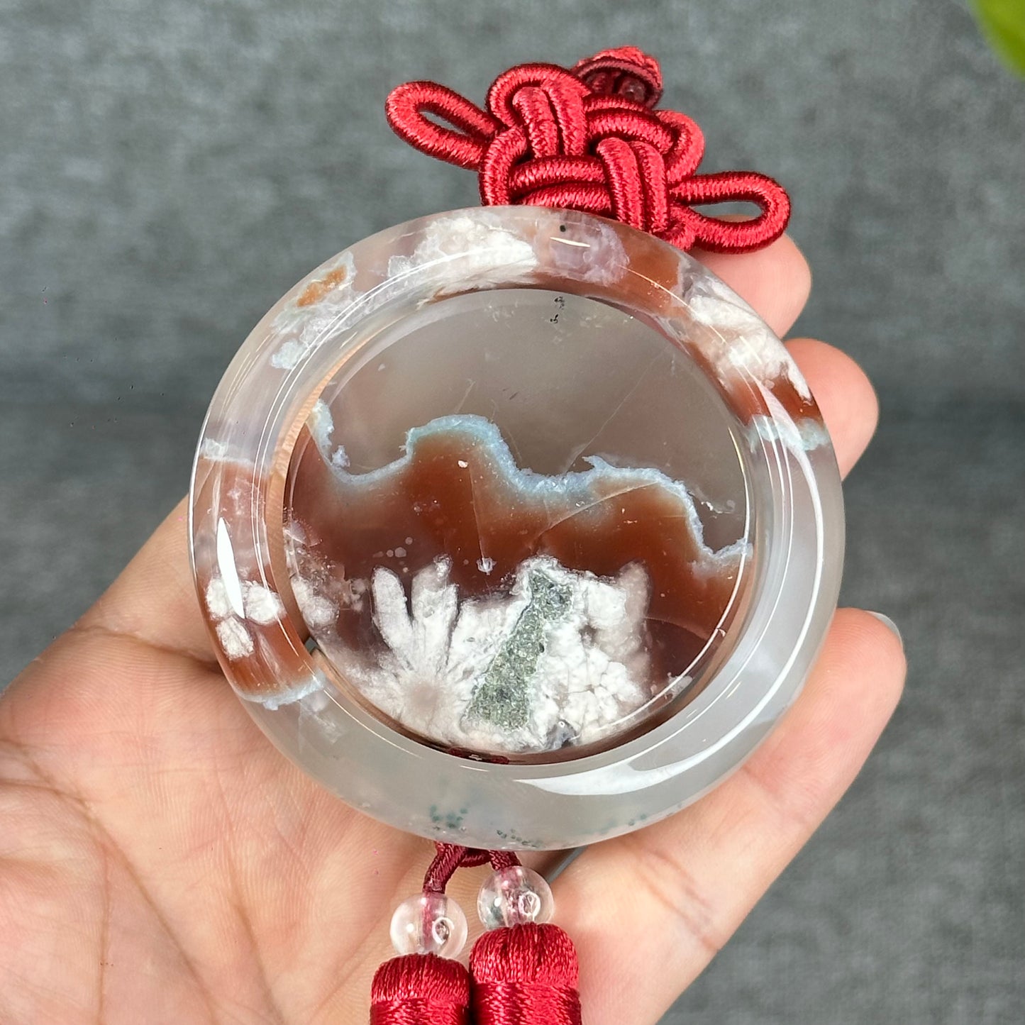 Natural Floral Agate Bangle Size 52 with Matching Red-Pink-Green Tassel