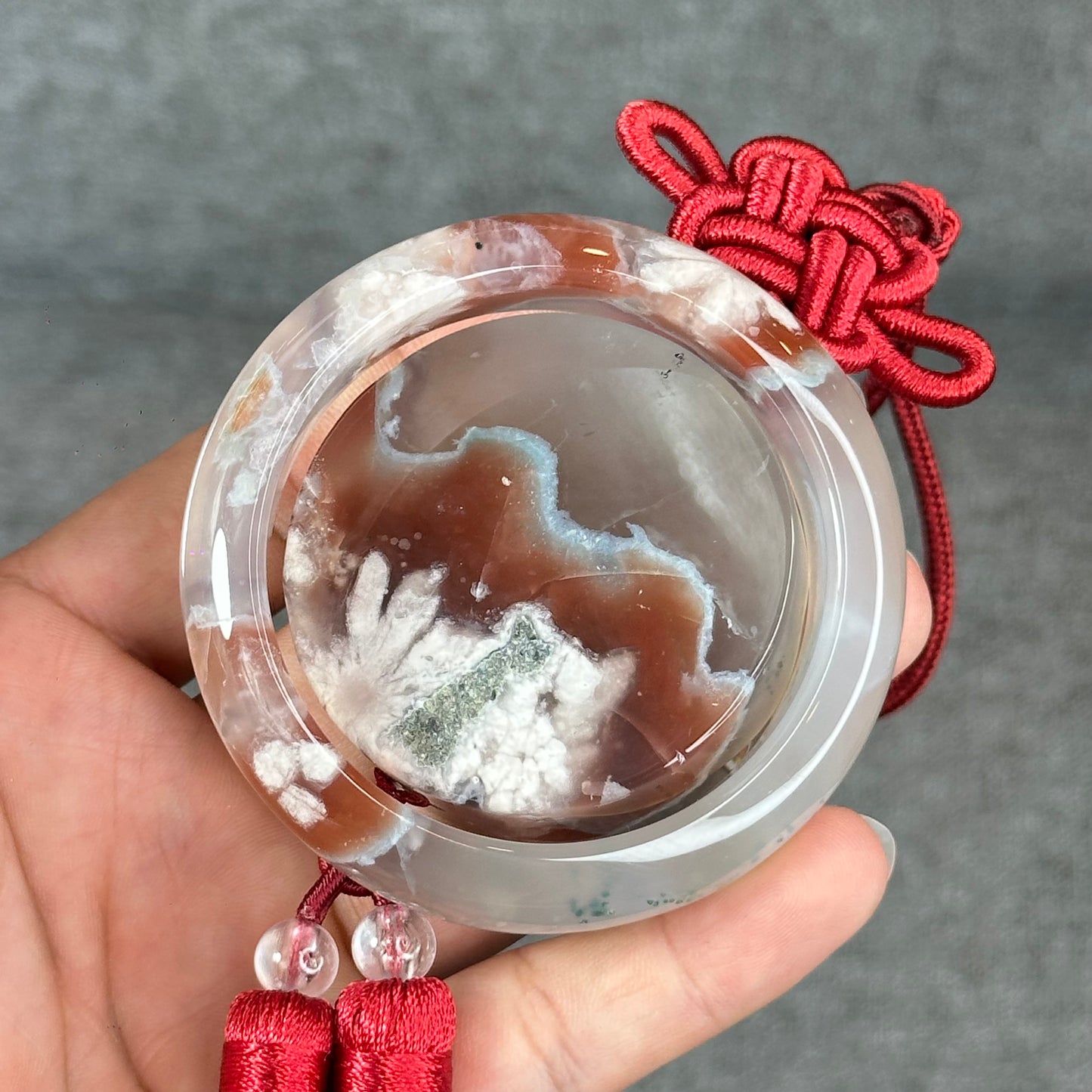 Natural Floral Agate Bangle Size 52 with Matching Red-Pink-Green Tassel