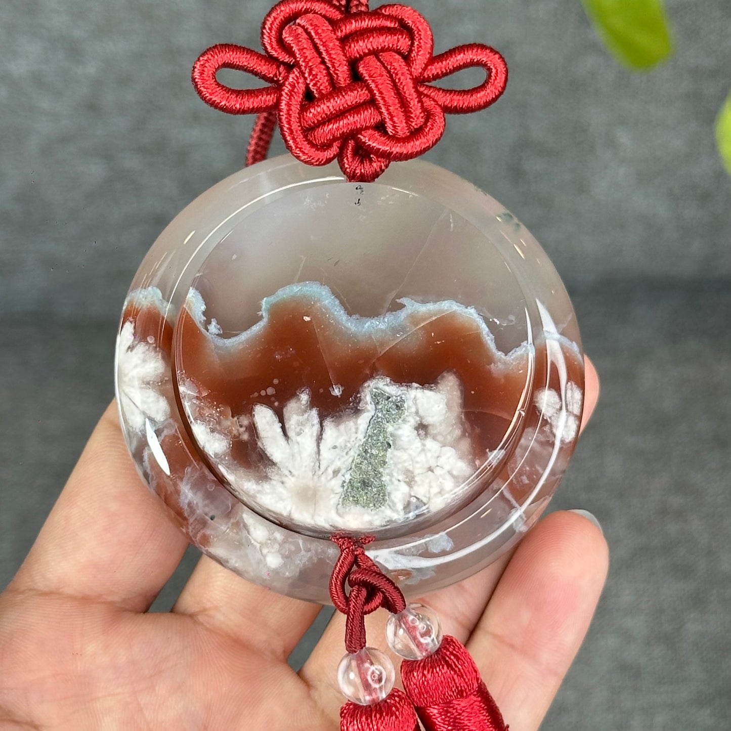 Natural Floral Agate Bangle Size 52 with Matching Red-Pink-Green Tassel