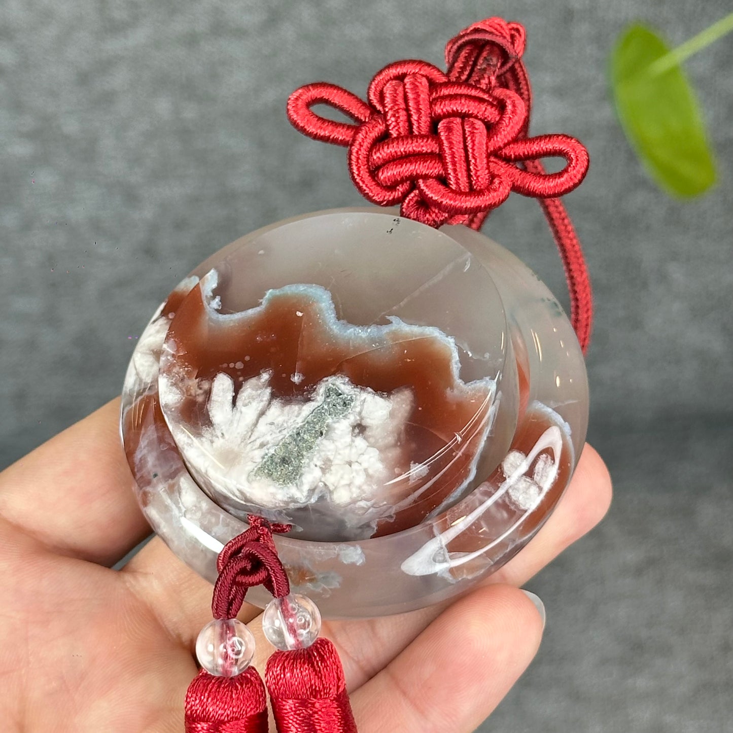 Natural Floral Agate Bangle Size 52 with Matching Red-Pink-Green Tassel