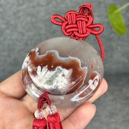 Natural Floral Agate Bangle Size 52 with Matching Red-Pink-Green Tassel