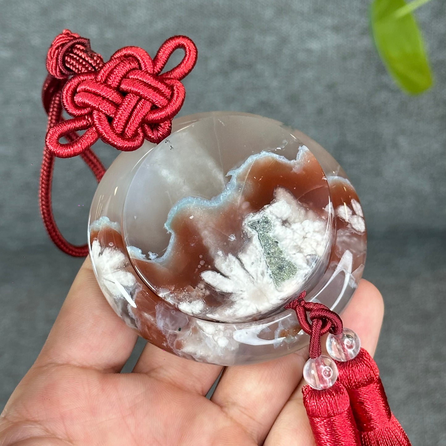 Natural Floral Agate Bangle Size 52 with Matching Red-Pink-Green Tassel
