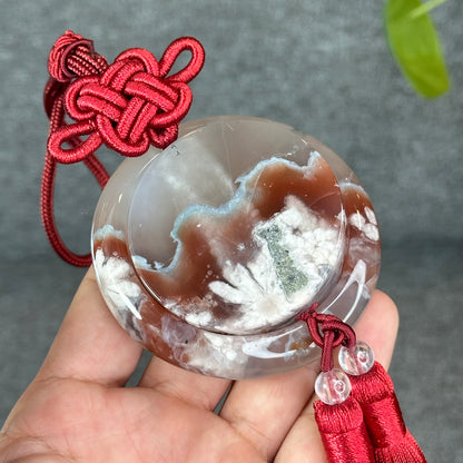 Natural Floral Agate Bangle Size 52 with Matching Red-Pink-Green Tassel