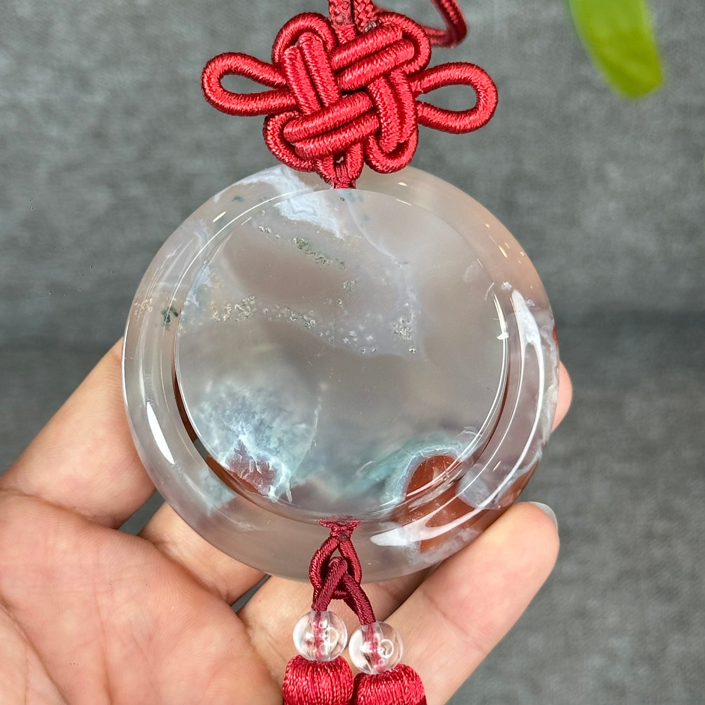 Natural Floral Agate Bangle Size 52 with Matching Red-Pink-Green Tassel