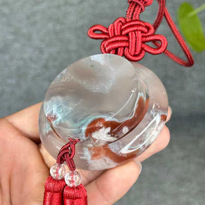 Natural Floral Agate Bangle Size 52 with Matching Red-Pink-Green Tassel
