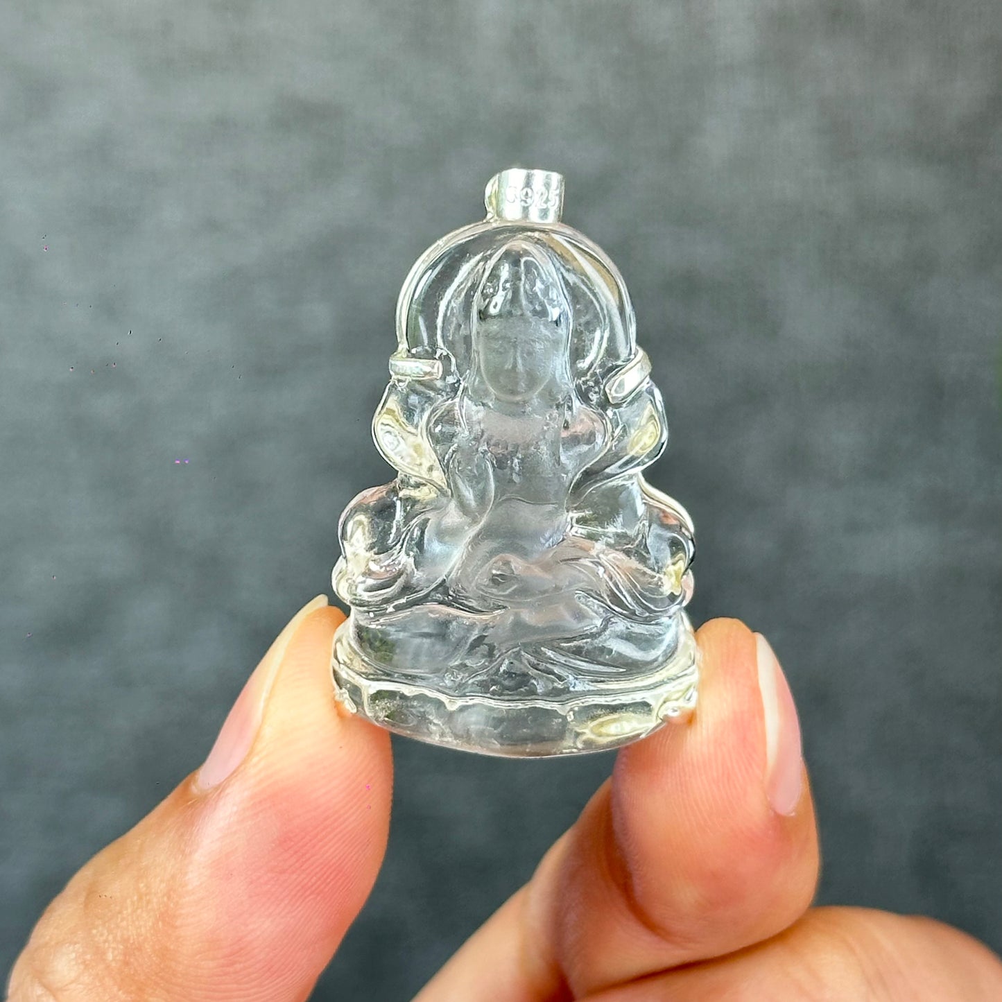 Natural Clear Quartz Quan Yin Buddha Pendant with Paw Hook s92 Silver