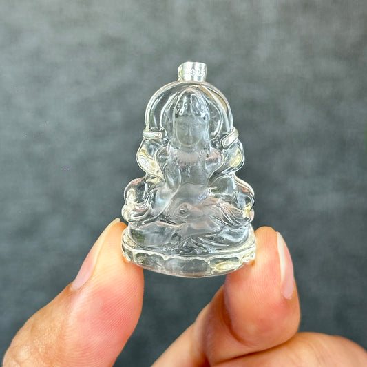 Natural Clear Quartz Quan Yin Buddha Pendant with Paw Hook s92 Silver