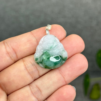 Natural Light Green Jadeite Jade Buddha Pendant with S925 Silver Hook