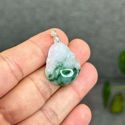 Natural Light Green Jadeite Jade Buddha Pendant with S925 Silver Hook