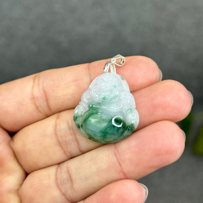 Natural Light Green Jadeite Jade Buddha Pendant with S925 Silver Hook